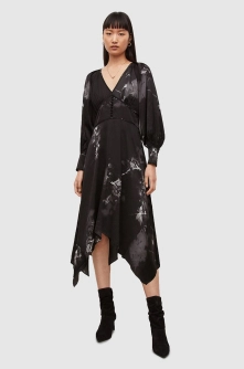 AllSaints rochie culoarea negru, midi, evazati