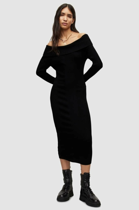 AllSaints rochie culoarea negru, midi, mulata