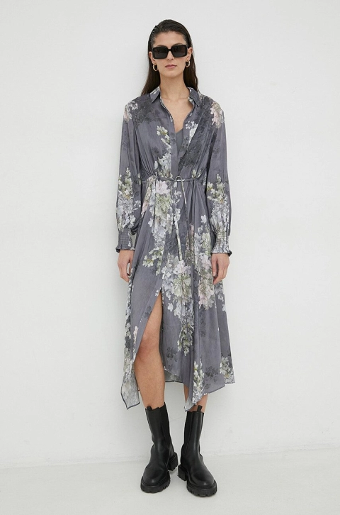 AllSaints rochie din in culoarea gri, midi, evazati