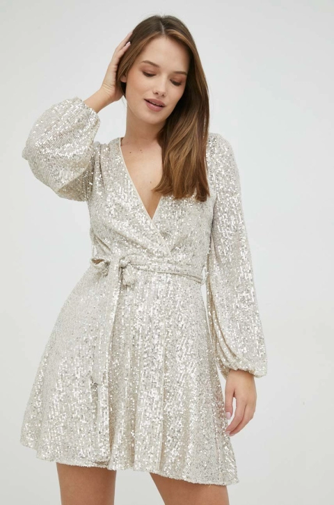 Bardot rochie culoarea bej, mini, evazati
