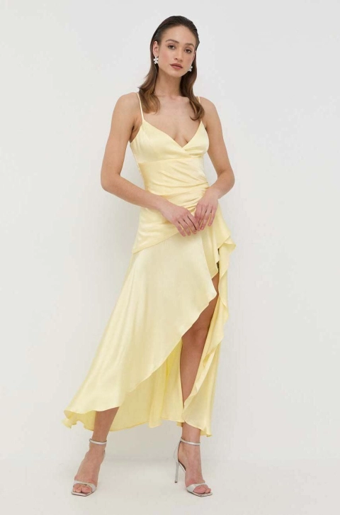 Bardot rochie culoarea galben, maxi, evazati