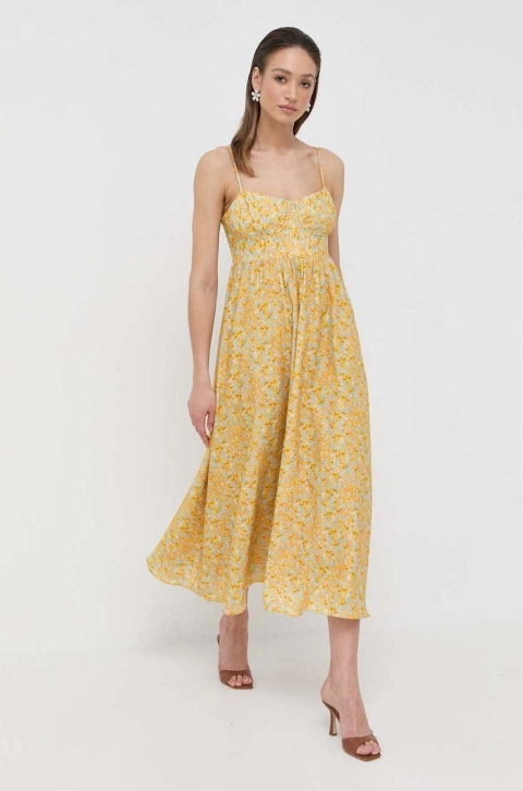 Bardot rochie culoarea galben, midi, evazati