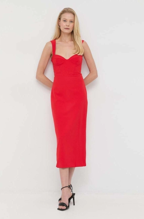 Bardot rochie culoarea rosu, midi, mulata
