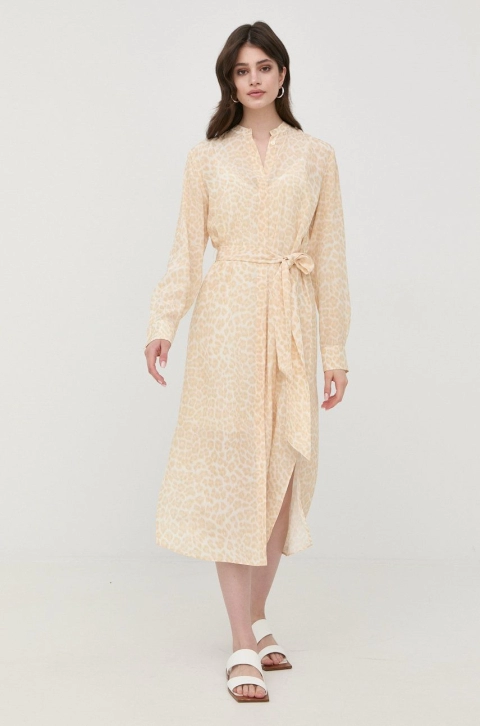 BOSS rochie de matase culoarea bej, midi, drept