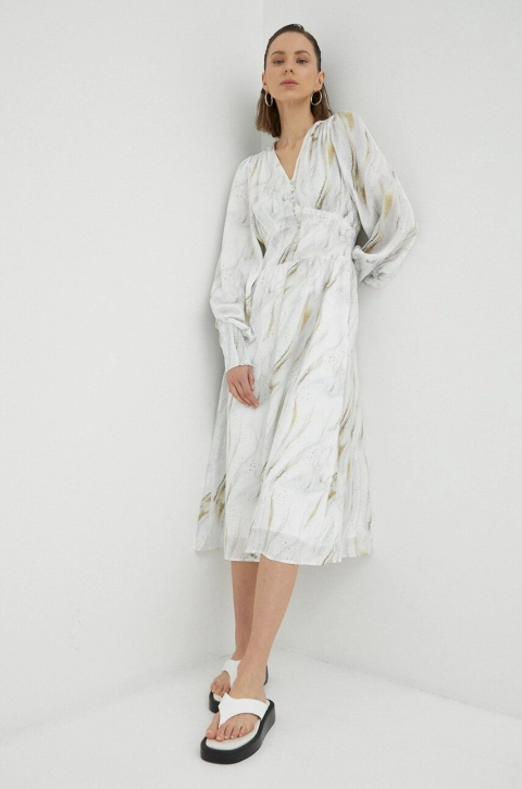 Bruuns Bazaar rochie culoarea alb, midi, evazati