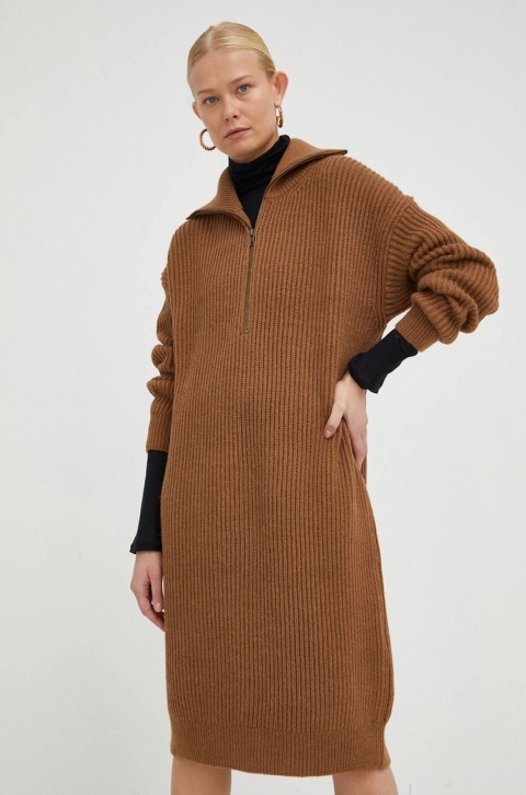 Drykorn rochie din lana culoarea maro, midi, oversize