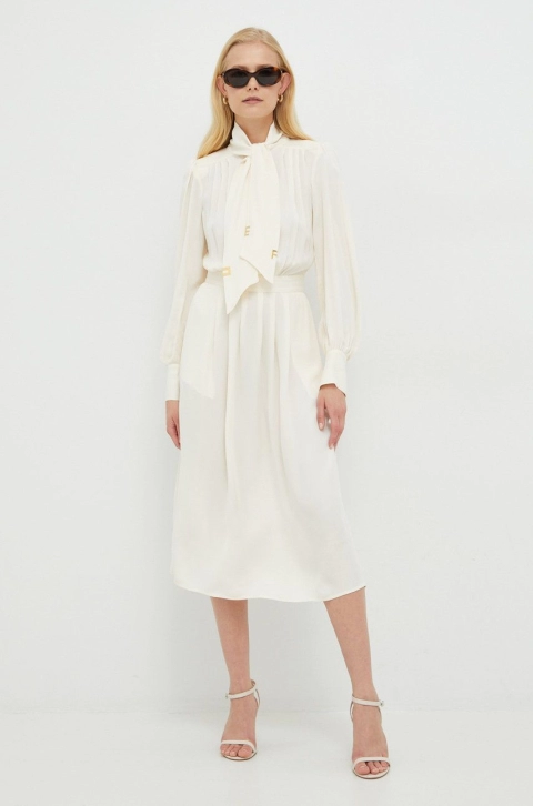 Elisabetta Franchi rochie culoarea bej, midi, evazati