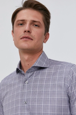 Emanuel Berg Cămașă din bumbac bărbați, culoarea gri, cu guler italian, slim