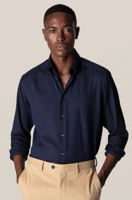 Eton Cămașă din bumbac bărbați, culoarea albastru marin, cu guler button-down, regular