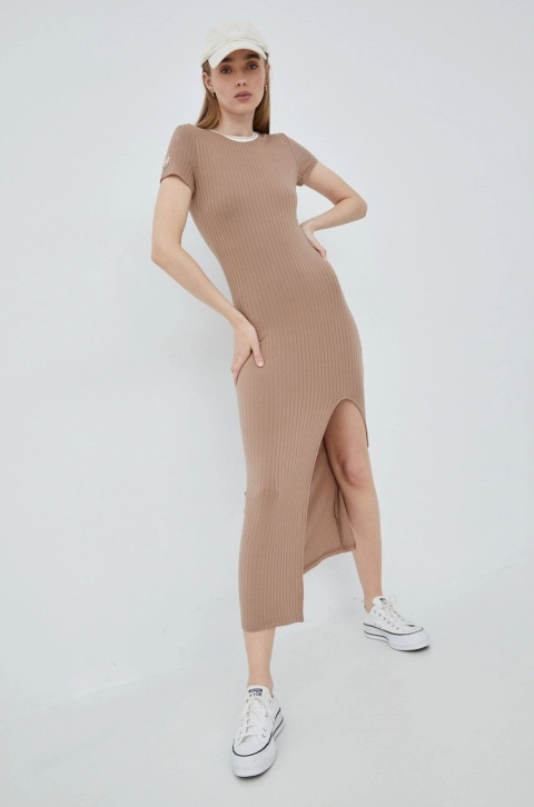Femi Stories rochie culoarea bej, maxi, mulata