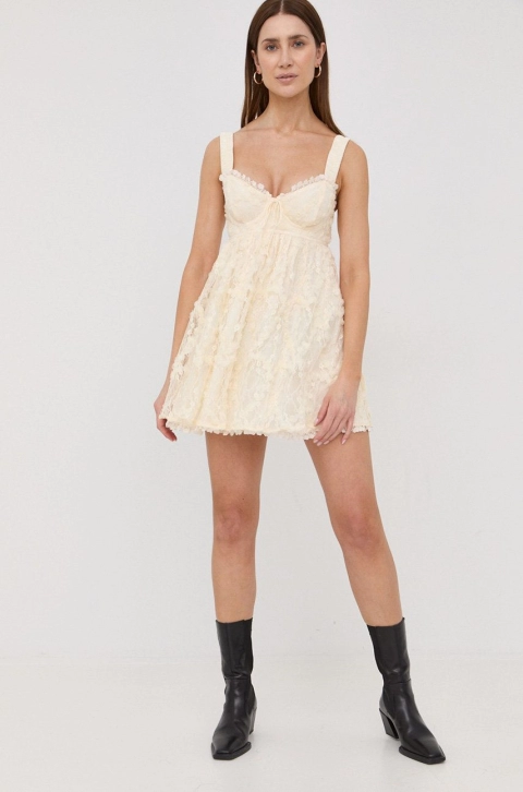For Love & Lemons rochie culoarea bej, mini, evazati