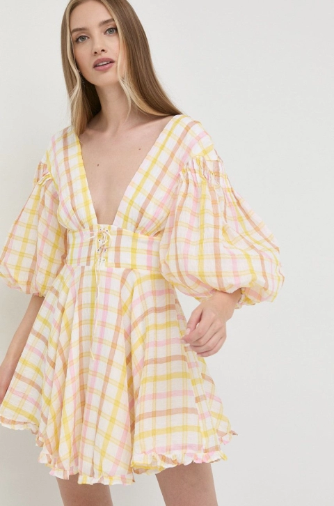 For Love & Lemons rochie culoarea galben, mini, evazati