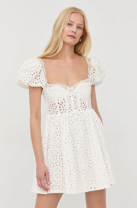 For Love & Lemons rochie din in culoarea alb, mini, evazati