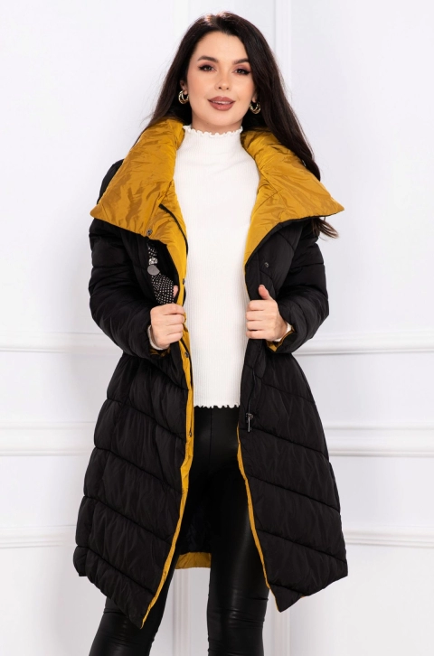 Geaca de iarna matlasata neagra cu guler inalt si accesoriu tip esarfa