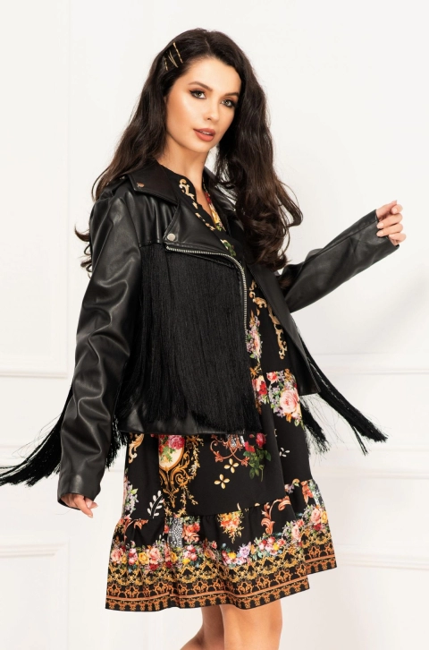 Geaca de piele ecologica neagra cu franjuri