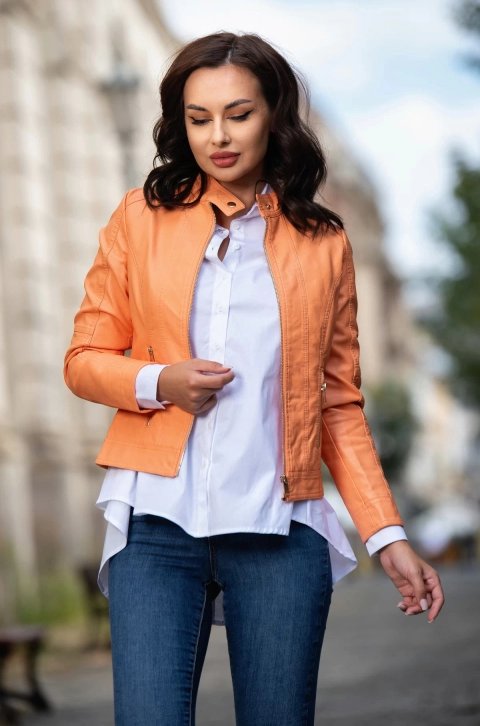 Geaca de toamna peach din piele eco