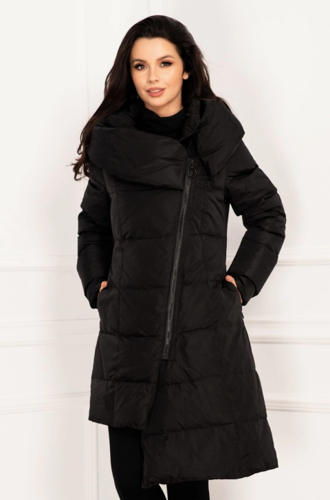 Geaca matlasata cu puf de gasca asimetrica cu fermoar dublu maxi