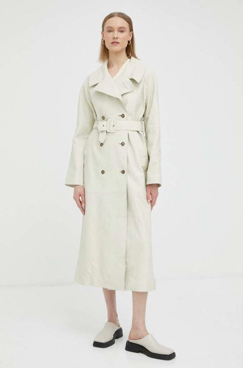 Herskind palton de piele Lunar femei, culoarea bej, de tranzitie, oversize