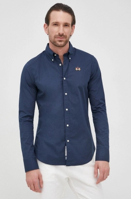 La Martina camasa barbati, culoarea albastru marin, cu guler button-down, slim