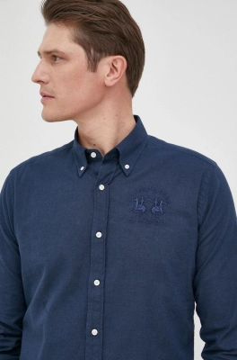 La Martina camasa din amestec de in barbati, culoarea albastru marin, cu guler button-down, slim