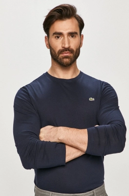 Lacoste longsleeve din bumbac culoarea albastru marin, neted
