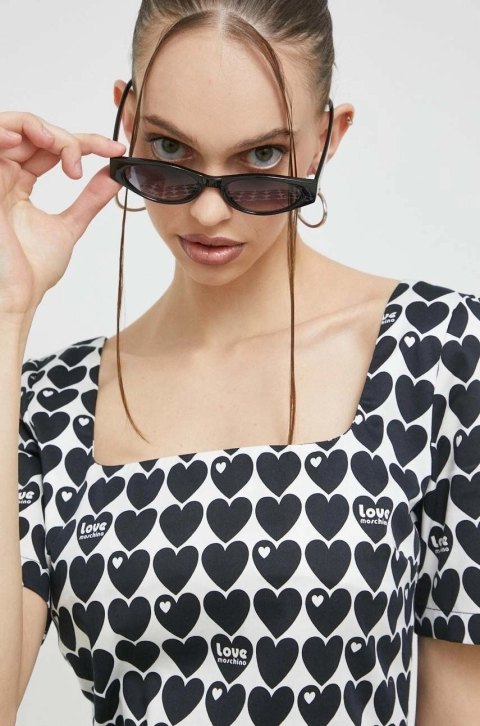 Love Moschino rochie culoarea albastru marin, mini, evazati