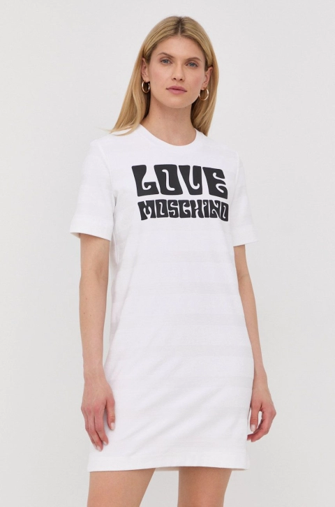 Love Moschino rochie din bumbac culoarea alb, mini, drept