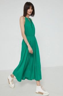 Medicine rochie din amestec de in culoarea verde, maxi, evazati