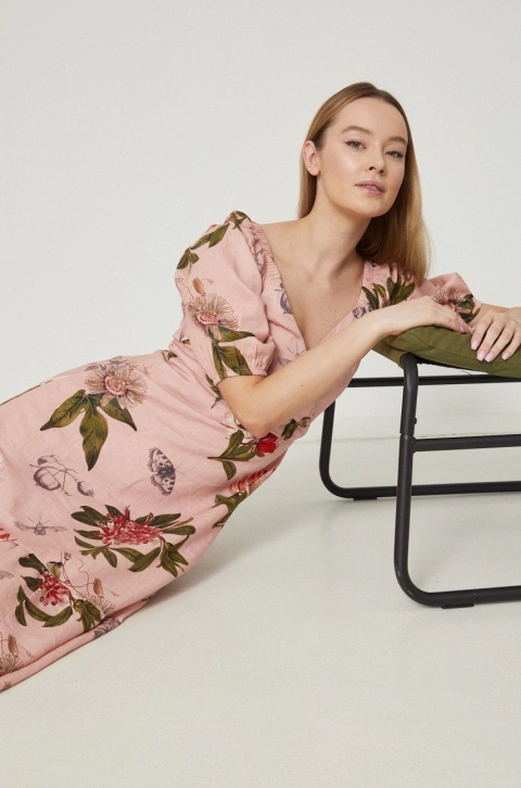 Medicine rochie din in culoarea roz, midi, evazati