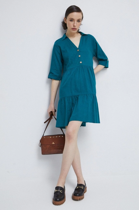 Medicine rochie din in culoarea turcoaz, mini, evazati