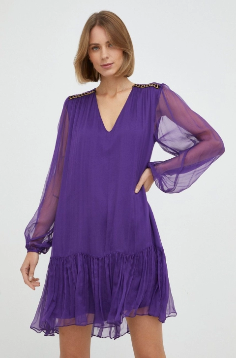 Nissa rochie de matase culoarea violet, mini, drept