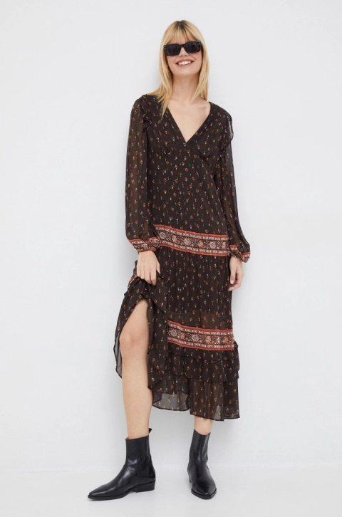 Pepe Jeans rochie culoarea maro, midi, evazati
