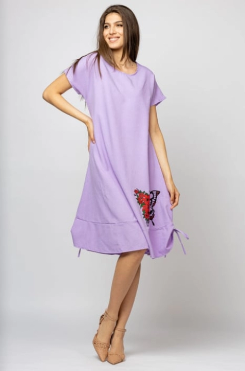 Rochie A line din in mercerizat, lila, cu sireturi laterale si imprimeu fluture cu flori