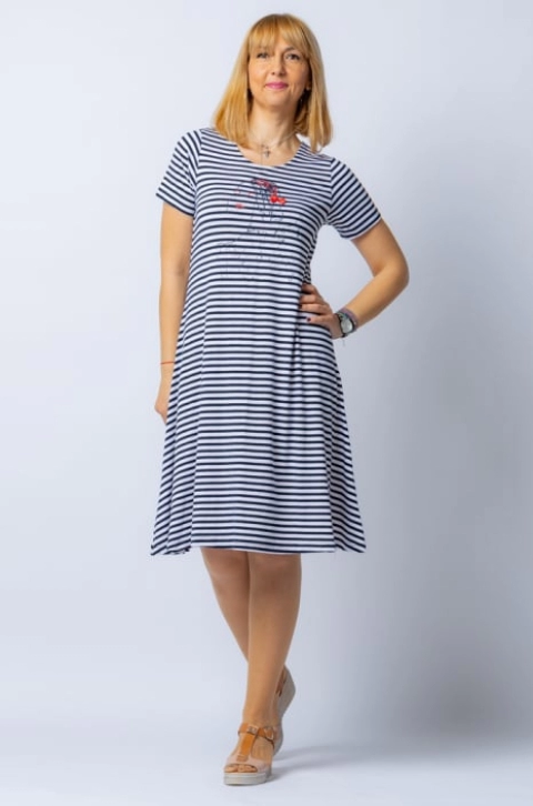 Rochie A line midi, dungi marinar din tricot cu imprimeu chip de fata