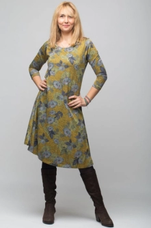 Rochie A line midi, imprimeu flori albastrui, din vascoza