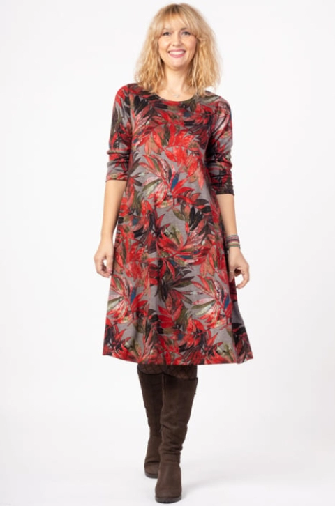 Rochie A line midi, imprimeu frunze de palmier pe fond bej inchis