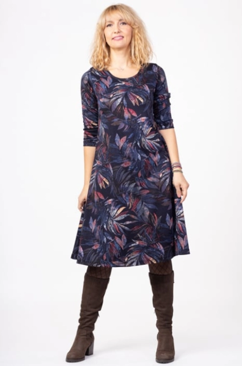 Rochie A line midi, imprimeu frunze de palmier pe fond bleumarin