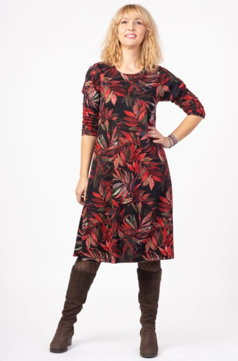 Rochie A line midi, imprimeu frunze de palmier pe fond negru