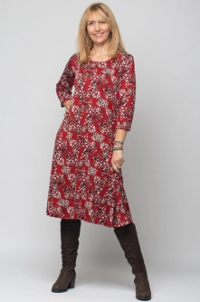 Rochie A line midi, rosie cu imprimeu puncte, din vascoza