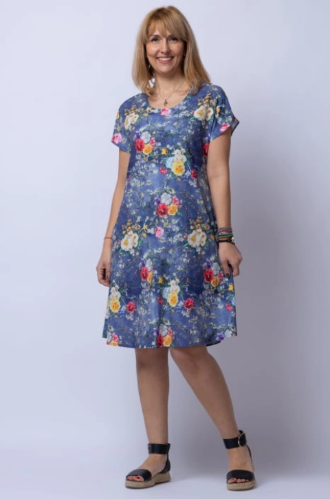 Rochie A line midi, silky, cu imprimeu floral pe fundal albastru