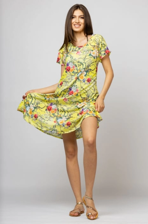 Rochie A line midi, silky, cu imprimeu floral pe fundal galben