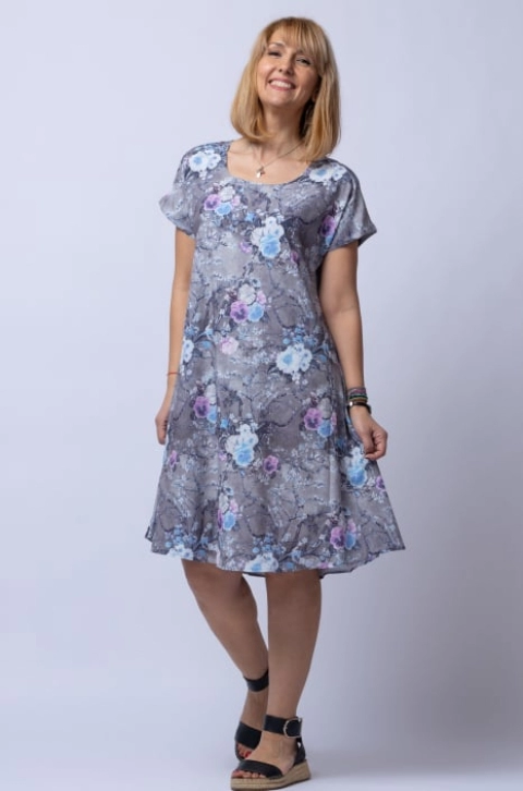Rochie A line midi, silky, cu imprimeu floral pe fundal gri