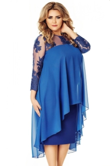 Rochie albastra de ocazie lejera cu voal asimetric si maneca din tul brodat