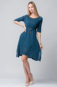 Rochie albastra din jerse cu floricele din piele pe cordon