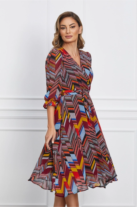 Rochie Alexandra bordo cu imprimeuri colorate si cordon in talie