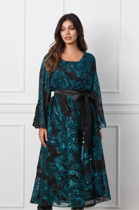 Rochie Barbara neagra cu imprimeu turcoaz si cordon in talie