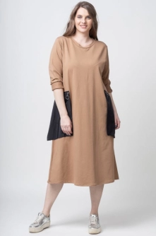 Rochie bej din bumbac cu buzunare din fas aplicate