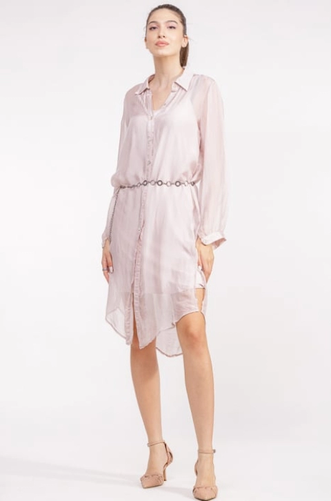 Rochie camasa din matase naturala roz prafuit, cu dublura