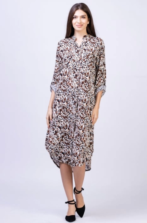 Rochie camasa din vascoza, lunga, cu imprimeu animal print bej-negru