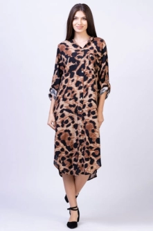 Rochie camasa din vascoza, lunga, cu imprimeu animal print maro-negru
